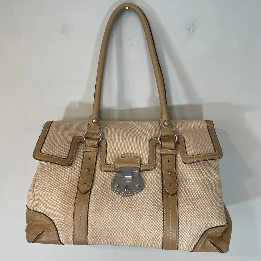 Etienne Aigner Jute Canvas and Leather Satchel Shoulder Bag Tan Beige Doctor Bag